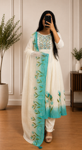 Ivory White Cotton Floral Thread Embroidered Suit Set with Aqua Printed Dupatta