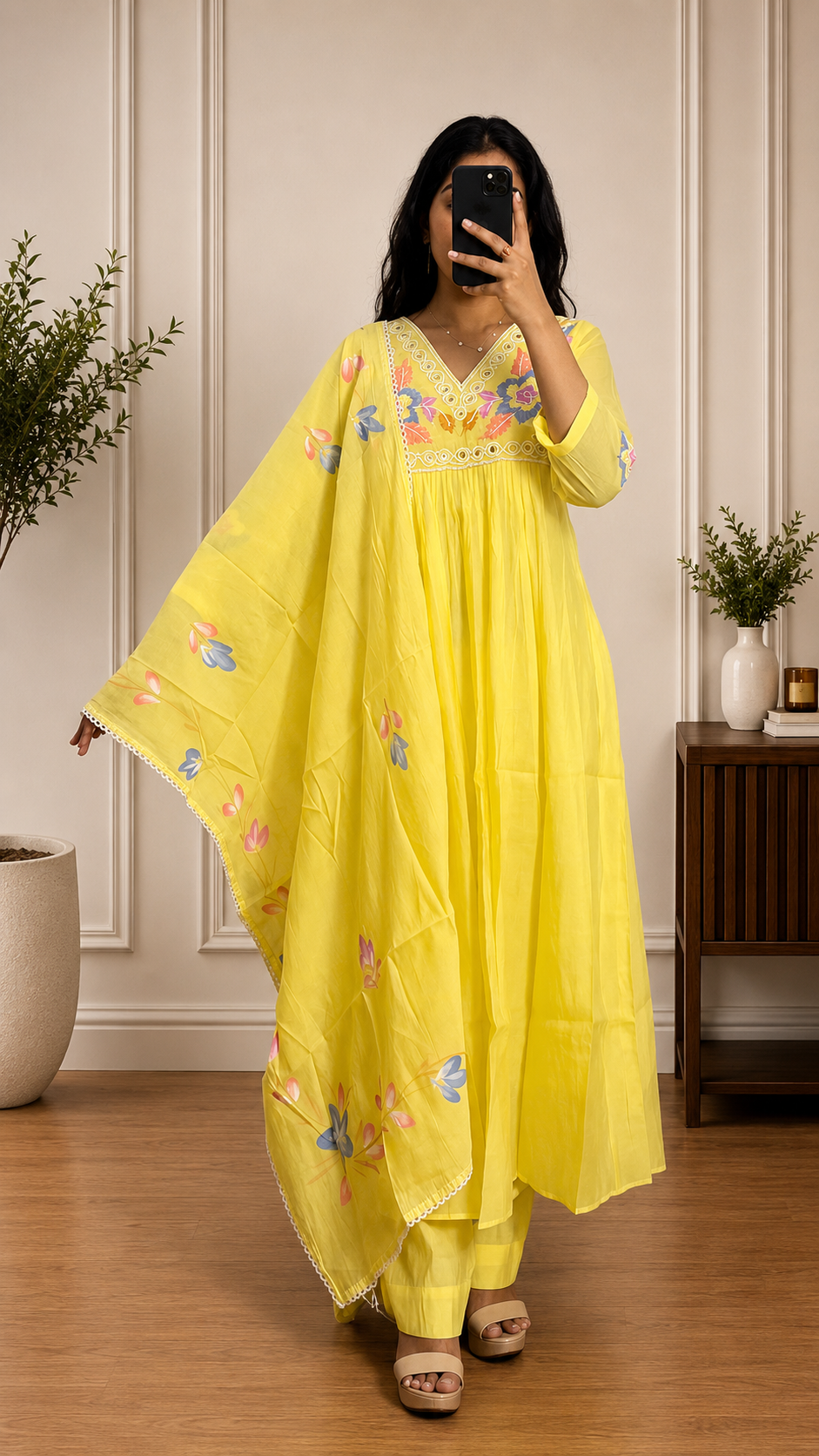 Bright Lemon Yellow Chandheri Mirror Work Floral Yoke Anarkali Suit Set