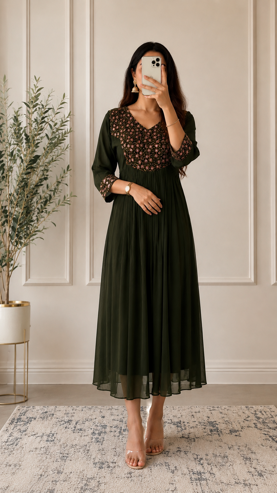 Premium Olive Green Georgette Dress with Sequin Embroidery