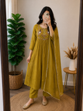 Mehandi Green hand work Chanderi Anarkali Set