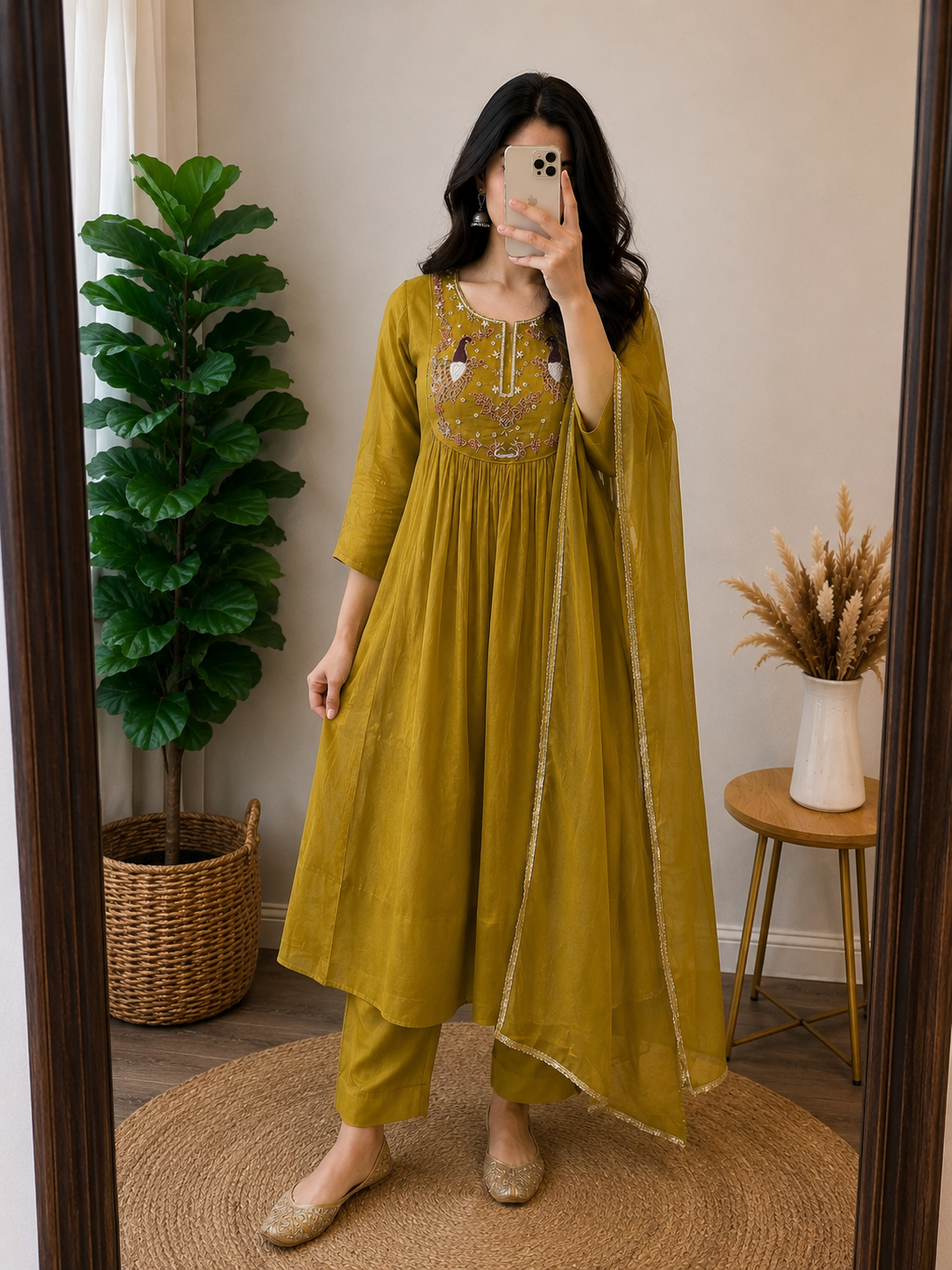 Mehandi Green hand work Chanderi Anarkali Set