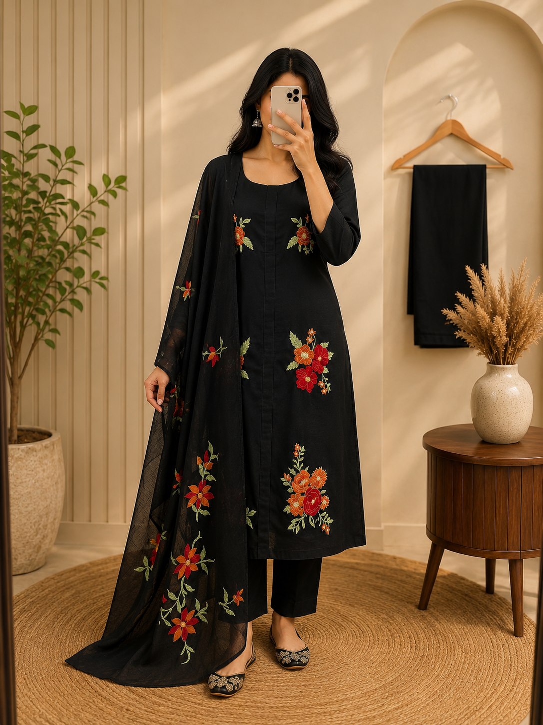 Midnight Black Floral Embroidered Cotton Suit Set with Dupatta 🌺🖤