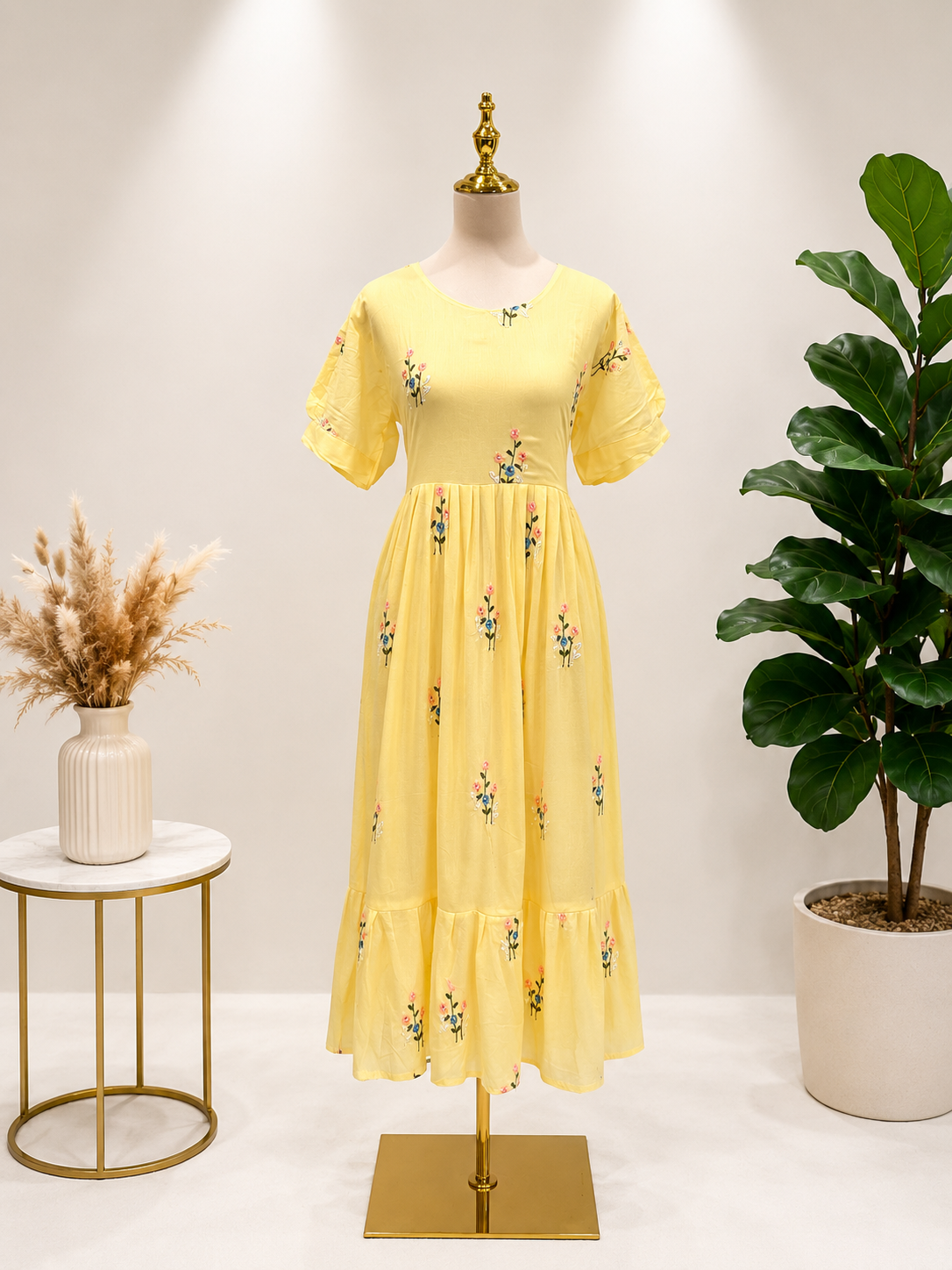 Plus size Light yellow Mul Cotton Frock