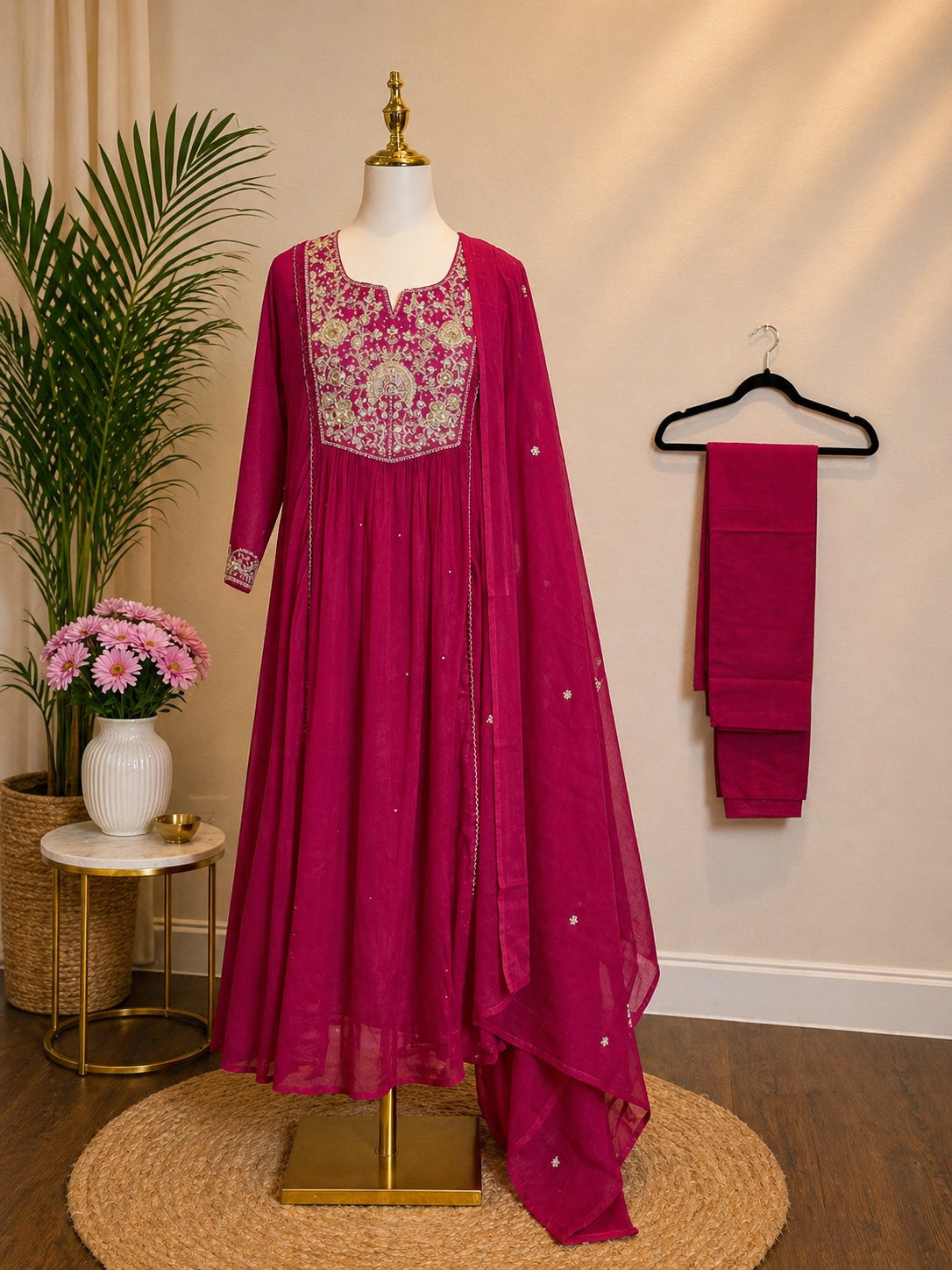 Pink festive embroidered Anarkali set with dupatta and pants