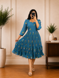 Boutique Stitched  Blue Floral Embroidered Iron Pleated Mul Chanderi Frock