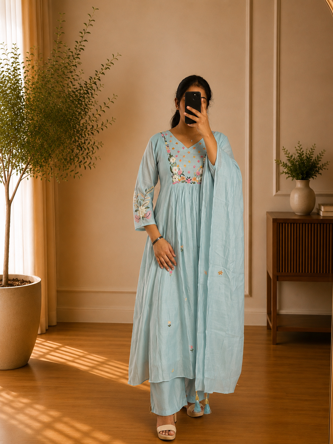Sky Blue Floral Thread Embroidered Mul Chandheri  Suit Set