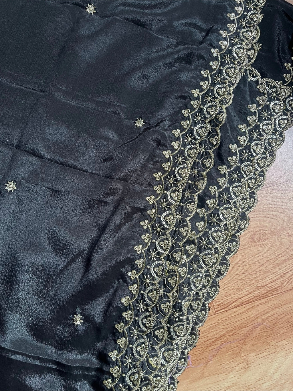Gadwal Black & Blue Half Saree with Gold Zari Border & Maggam Work Stitched Blouse