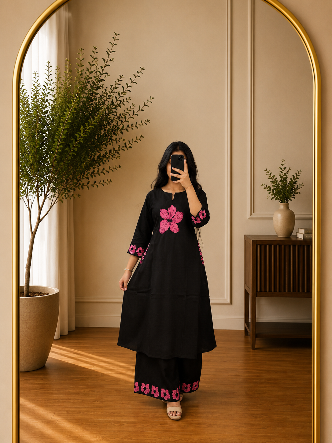 Black Cotton Floral Embroidered Palazzo Set