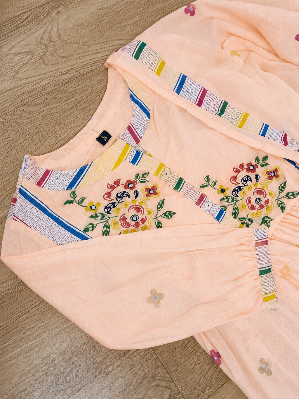 Soft Peach Floral Embroidered Mul Cotton Anarkali Suit Set