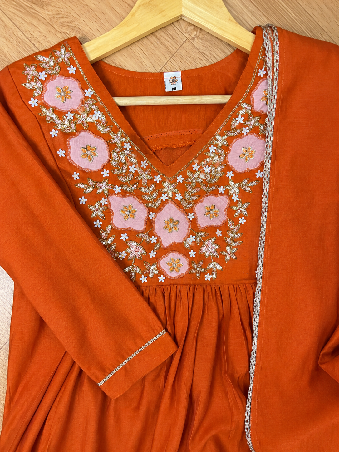 Rust Orange Mul Chandheri Floral Thread Embroidered Anarkali Suit Set