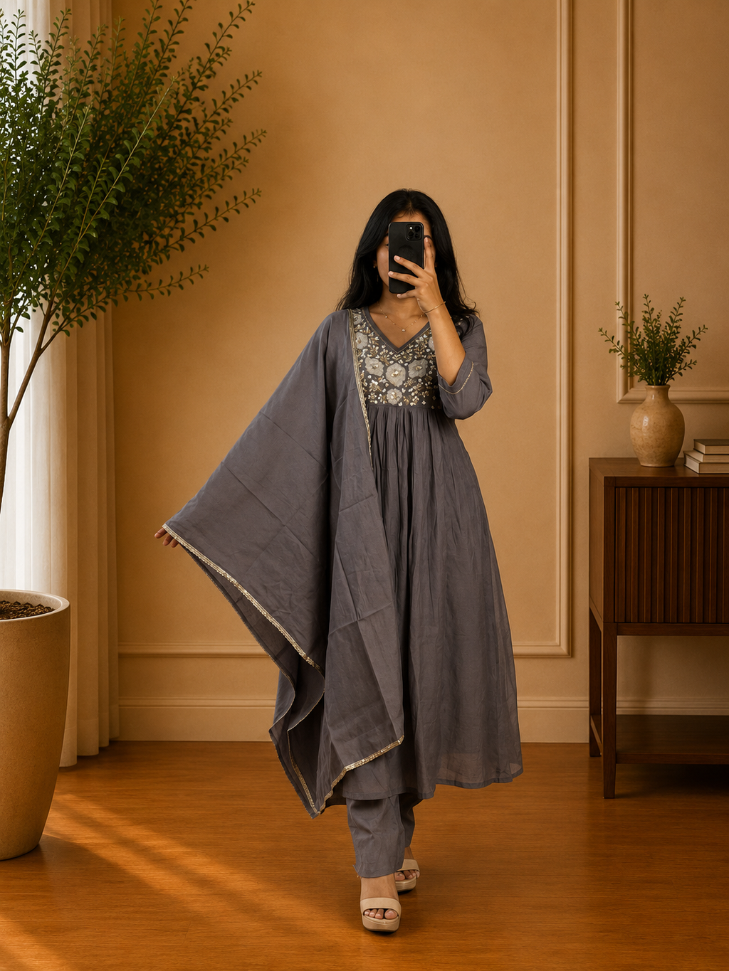 Slate Grey Mul Chandheri Floral Thread Embroidered Anarkali Suit Set