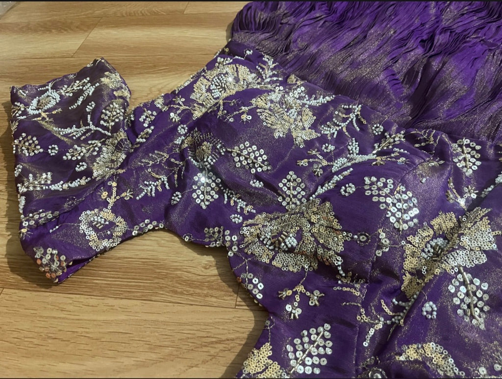 Boutique Stitched Purple with Sequin Embroidered Floral Iron Pleated Tissue Shimmer frock