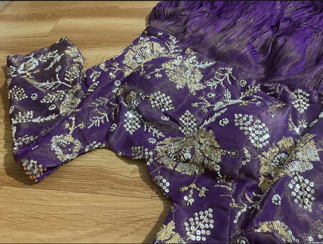Boutique Stitched Purple with Sequin Embroidered Floral Iron Pleated Tissue Shimmer frock