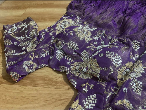 Boutique Stitched Purple with Sequin Embroidered Floral Iron Pleated Tissue Shimmer frock