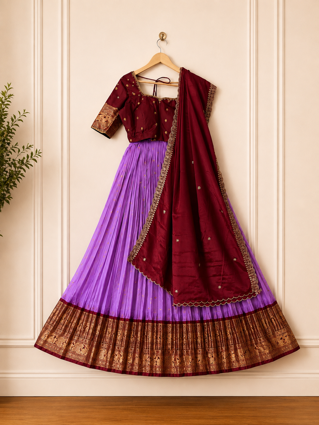 Gadwal Purple & Maroon Half Saree with Maggam Work Stitched Blouse
