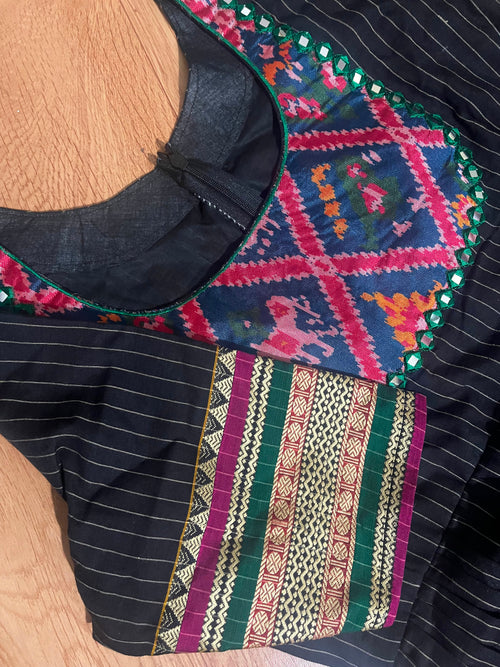 Black Cotton Frock with Printed Yoke & Border Detail