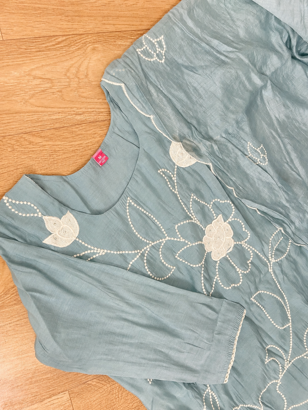 Powder Blue Floral Embroidered Mul Cotton Kurta Set with Dupatta