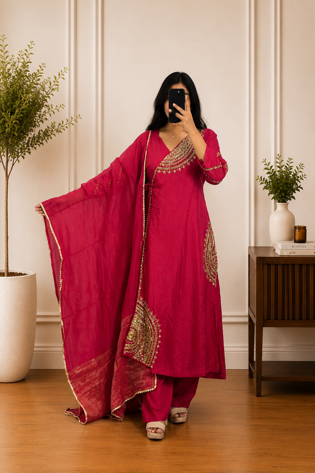 Royal Rani Pink Mul Chanderi Zari Embroidered Suit Set