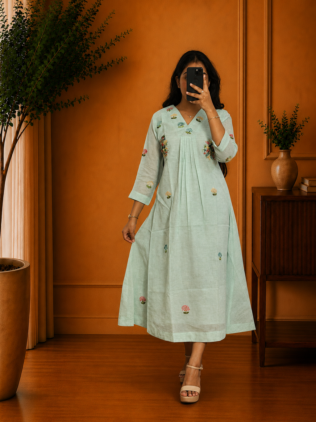 Sage Green Kota Floral Thread Embroidered frock