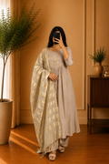 Beige Mul Chanderi Floral Thread Embroidered Anarkali Suit Set with Zari Dupatta