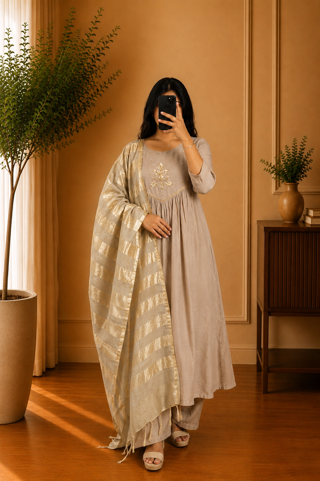 Beige Mul Chanderi Floral Thread Embroidered Anarkali Suit Set with Zari Dupatta