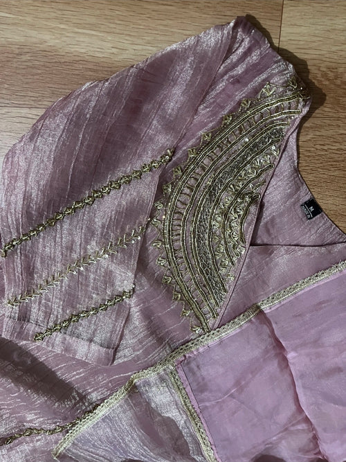 Blush Pink Crusted Tissue Embellished Kurta Set with Dupatta