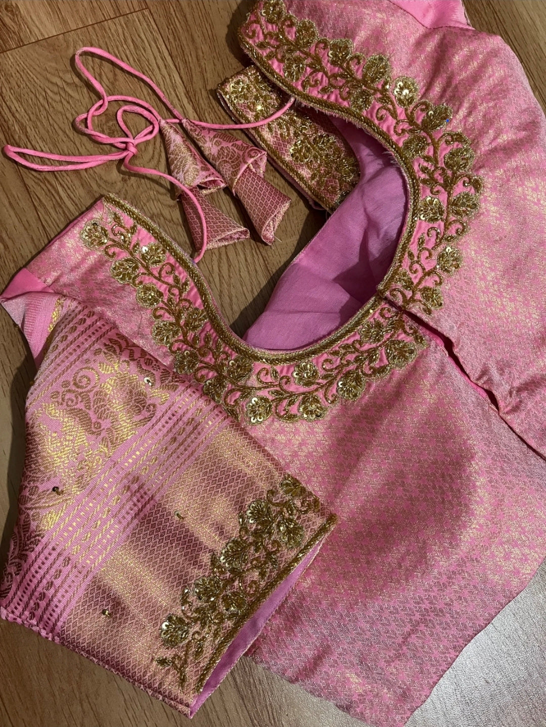 Gadwal Pink & Green Half Saree with Maggam Work Stitched Blouse