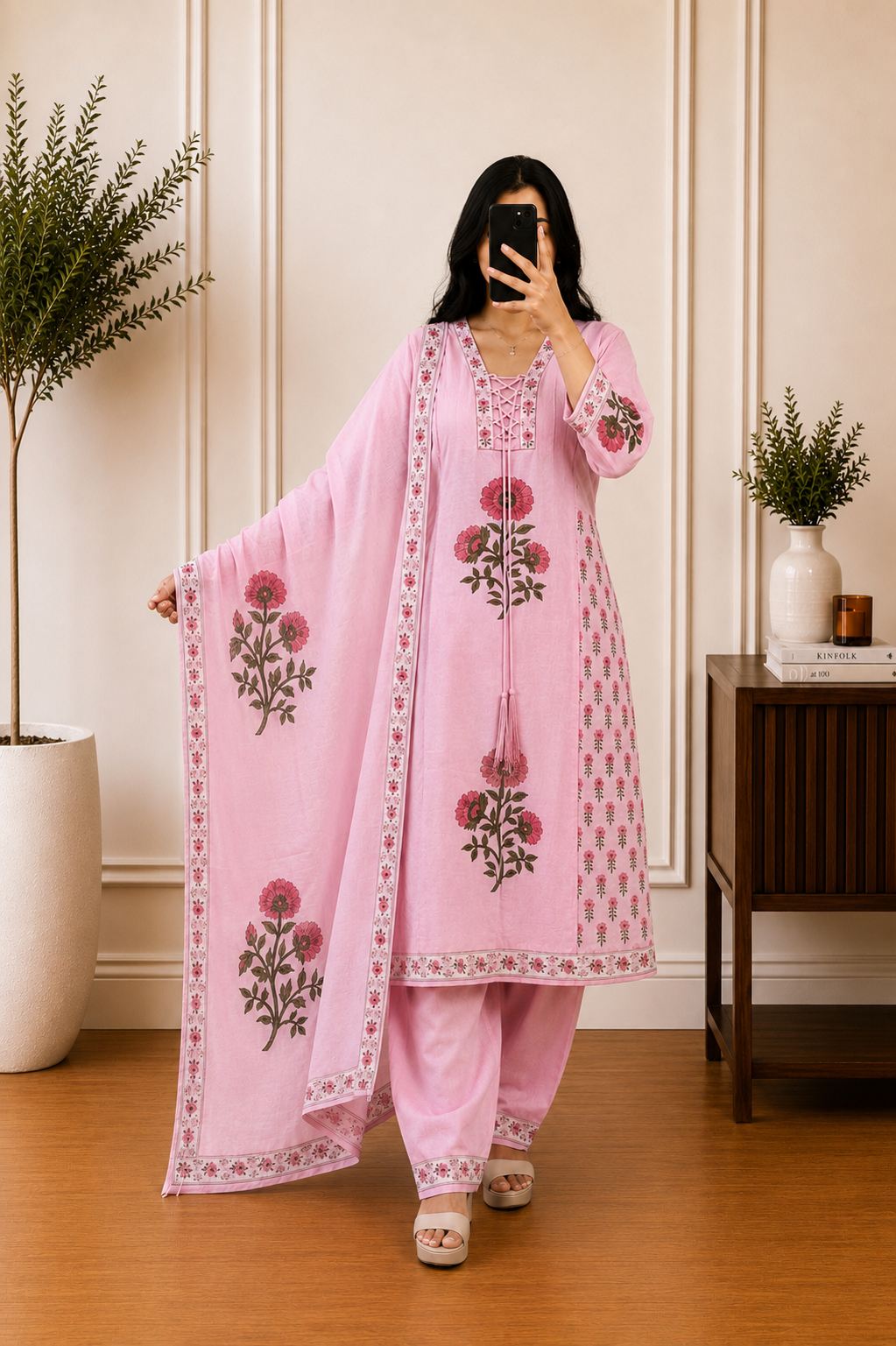 Baby Pink Cotton Floral Hand Block Printed Straight Suit Set