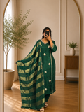 Emerald Green Floral Embroidered Chandheri Suit Set with Tissue Striped Dupatta