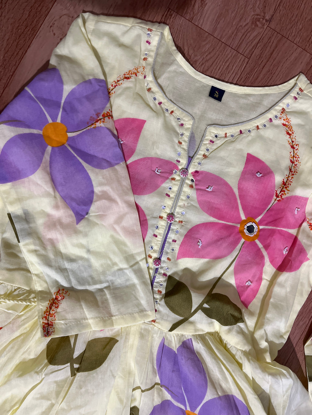 Light Yellow Cotton Floral Appliqué Anarkali Kurta Set