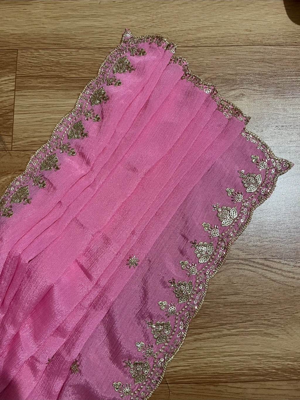 Gadwal Pink & Green Half Saree with Maggam Work Stitched Blouse