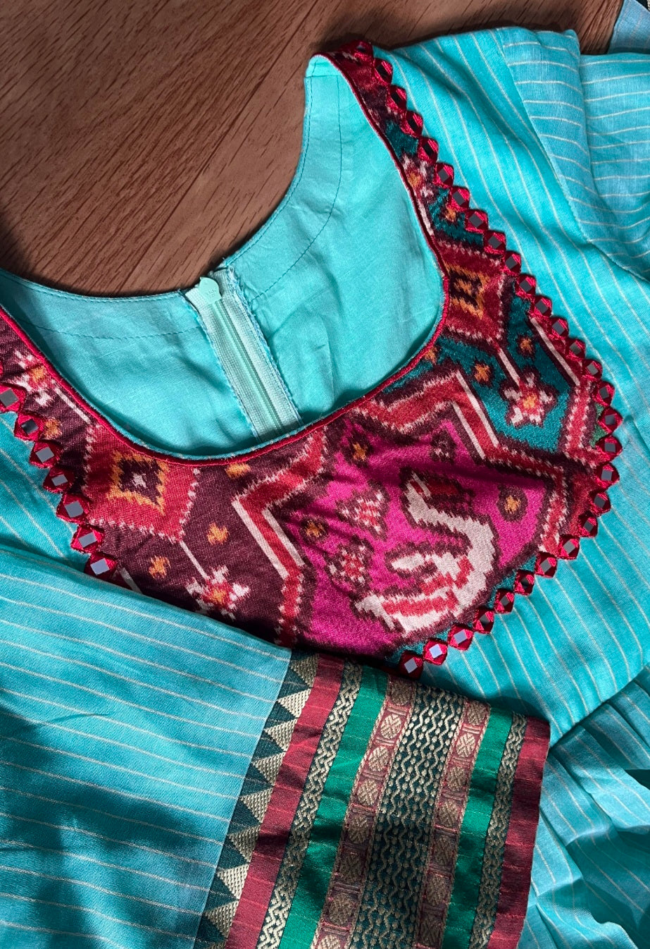 Mint Green Striped Cotton Anarkali Frock