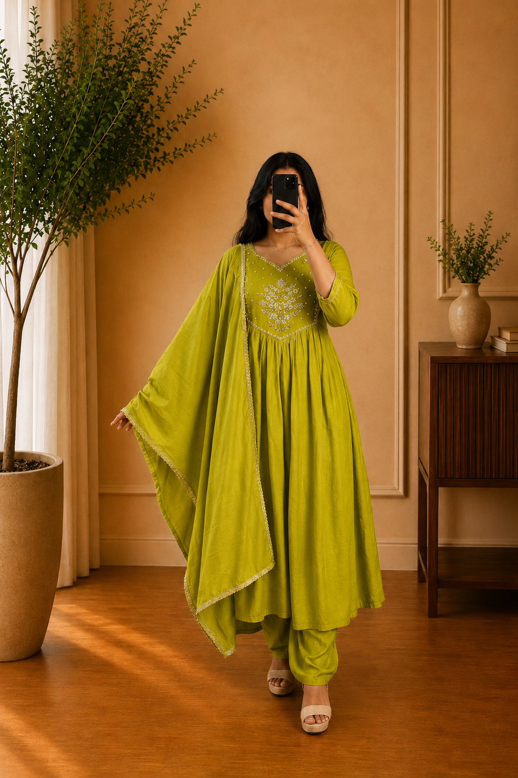 Parrot Green Mul Chanderi Floral Thread Embroidered Anarkali Suit Set
