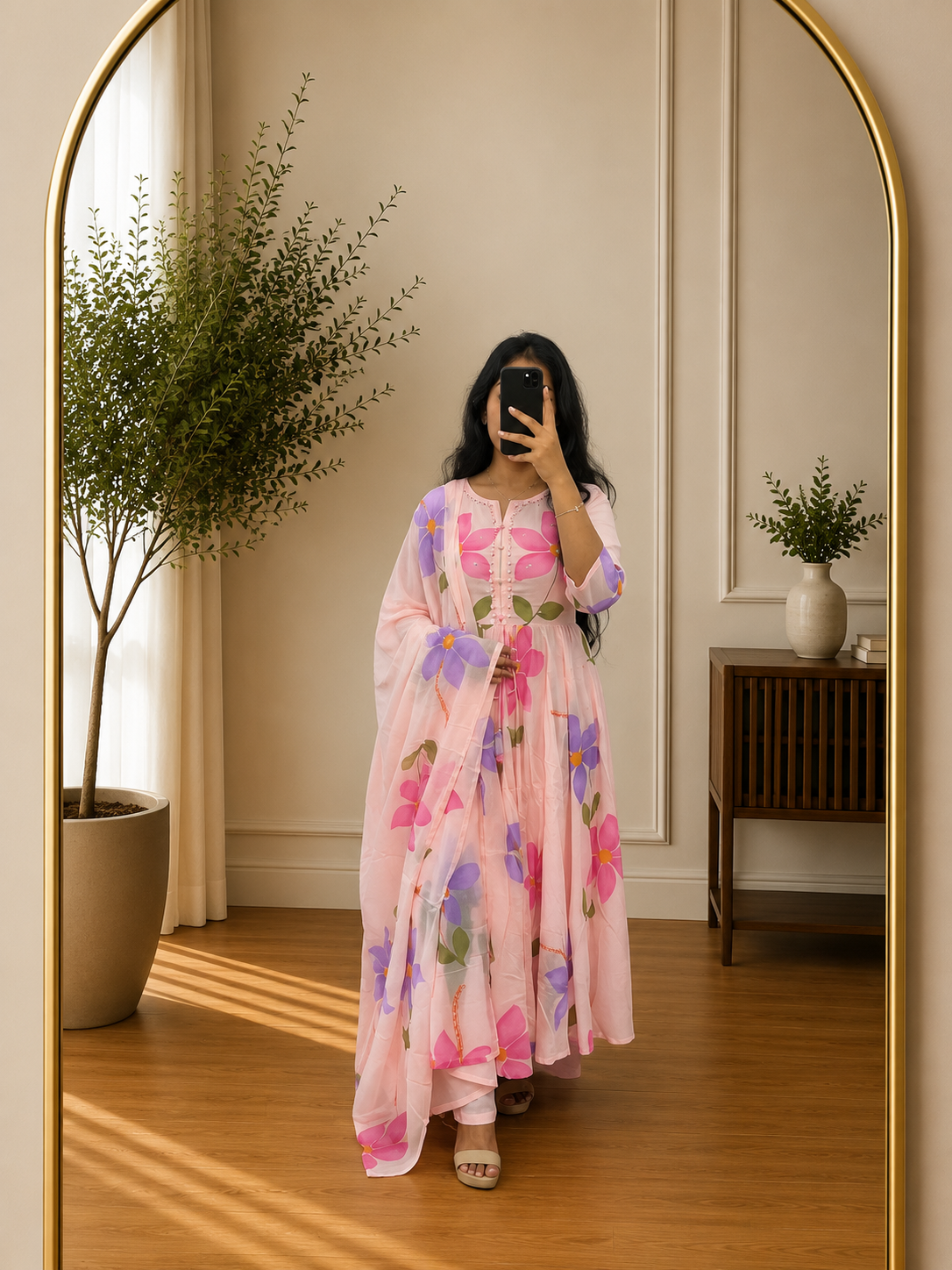Blush Pink Floral Printed Cotton Anarkali Suit Set with Dupatta