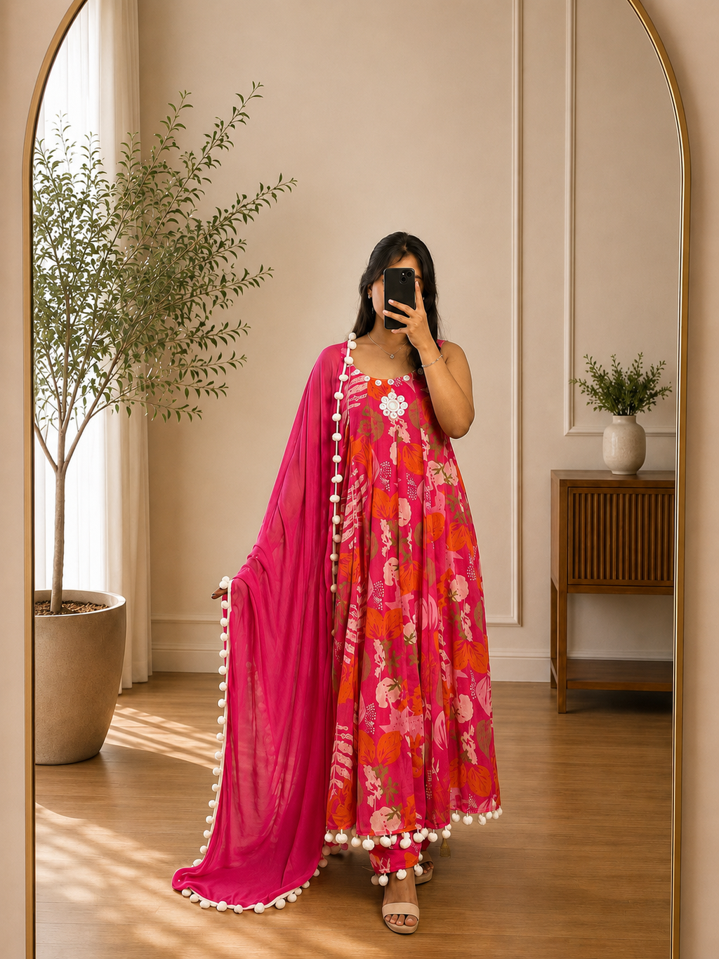 Rani Pink Floral Printed Chiffon Anarkali Suit Set