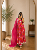 Rani Pink Floral Printed Chiffon Anarkali Suit Set
