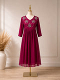 Royal Wine Floral Embellished Georgette Frock