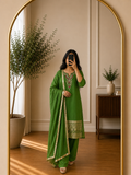 Parrot Green Shimmer Embroidered Suit Set with Chiffon Dupatta