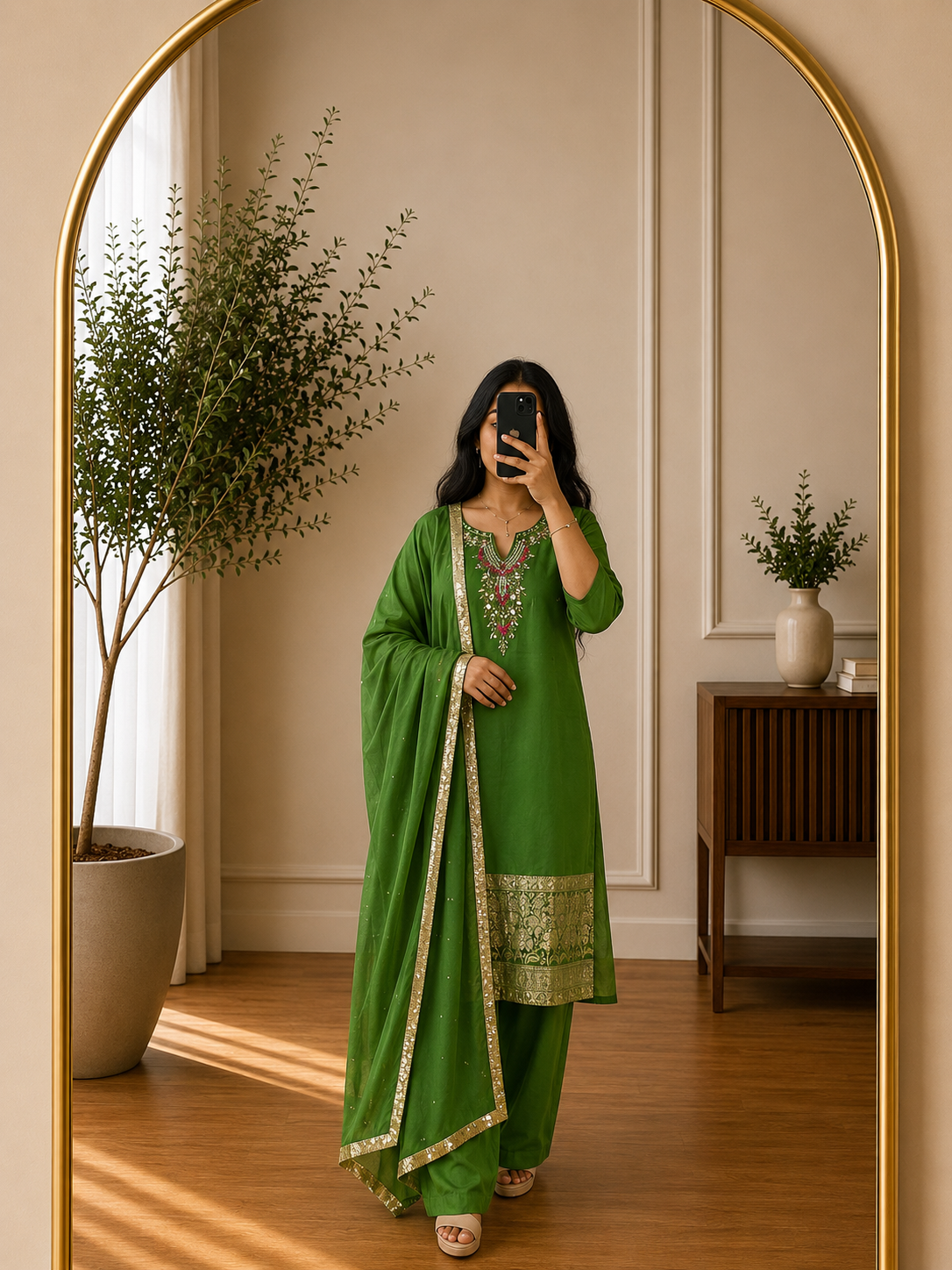 Parrot Green Shimmer Embroidered Suit Set with Chiffon Dupatta