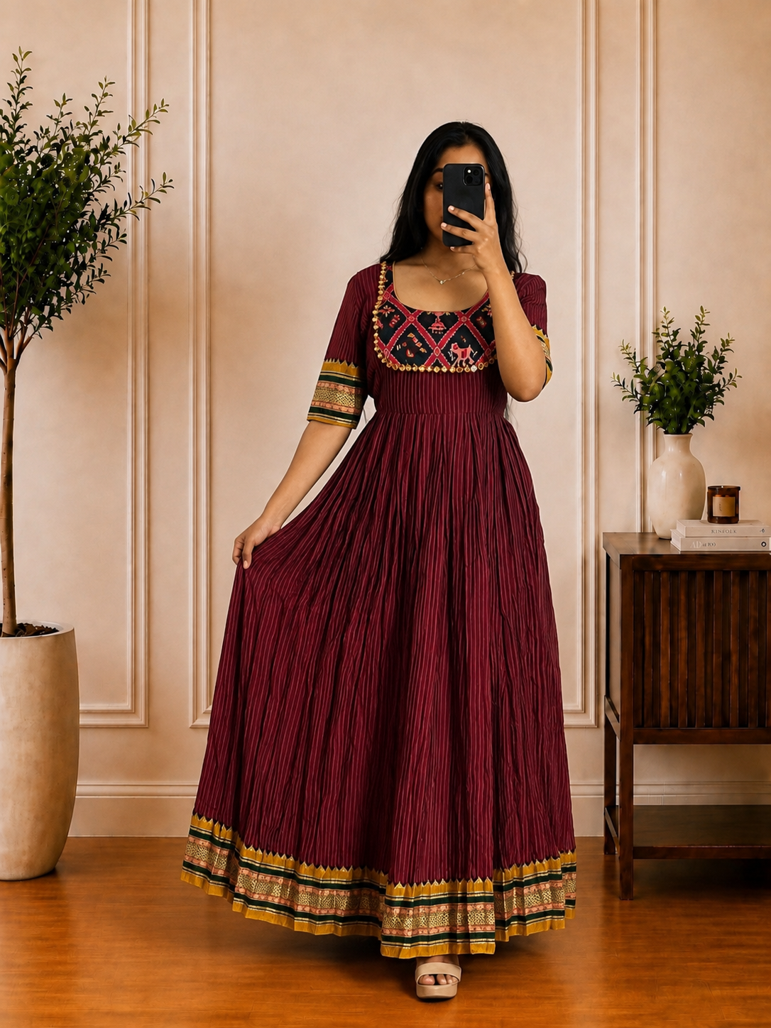 Maroon Cotton Frock with Printed Yoke & Border Detail