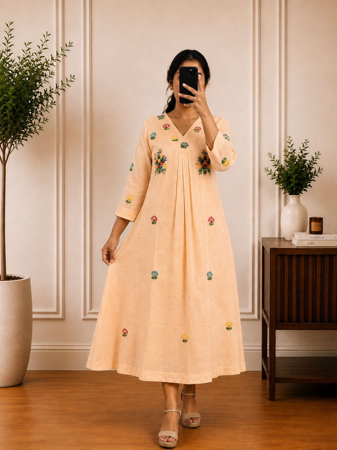 Sage Orange  Kota Floral Thread Embroidered frock