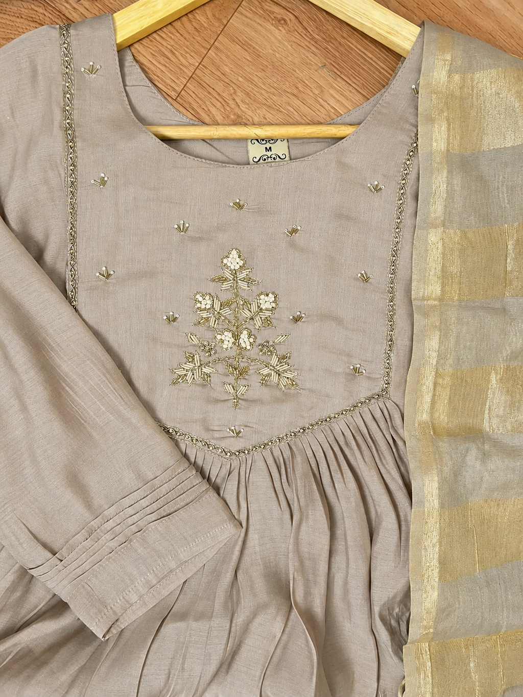 Beige Mul Chanderi Floral Thread Embroidered Anarkali Suit Set with Zari Dupatta