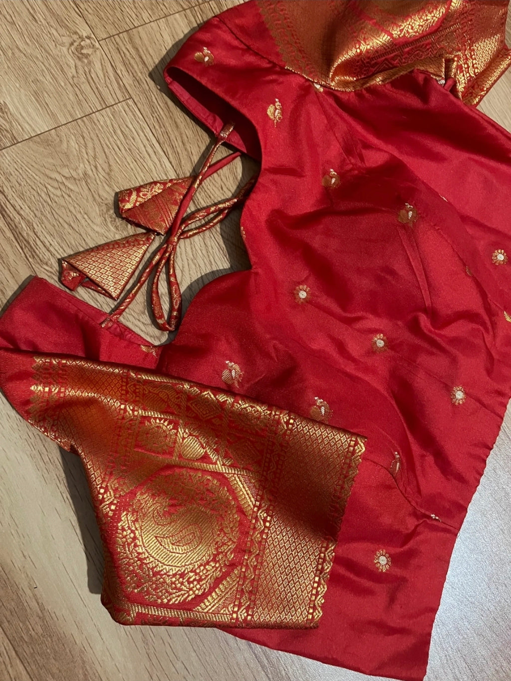 Gadwal Turquoise Blue & Red Half Saree with Stitched Blouse