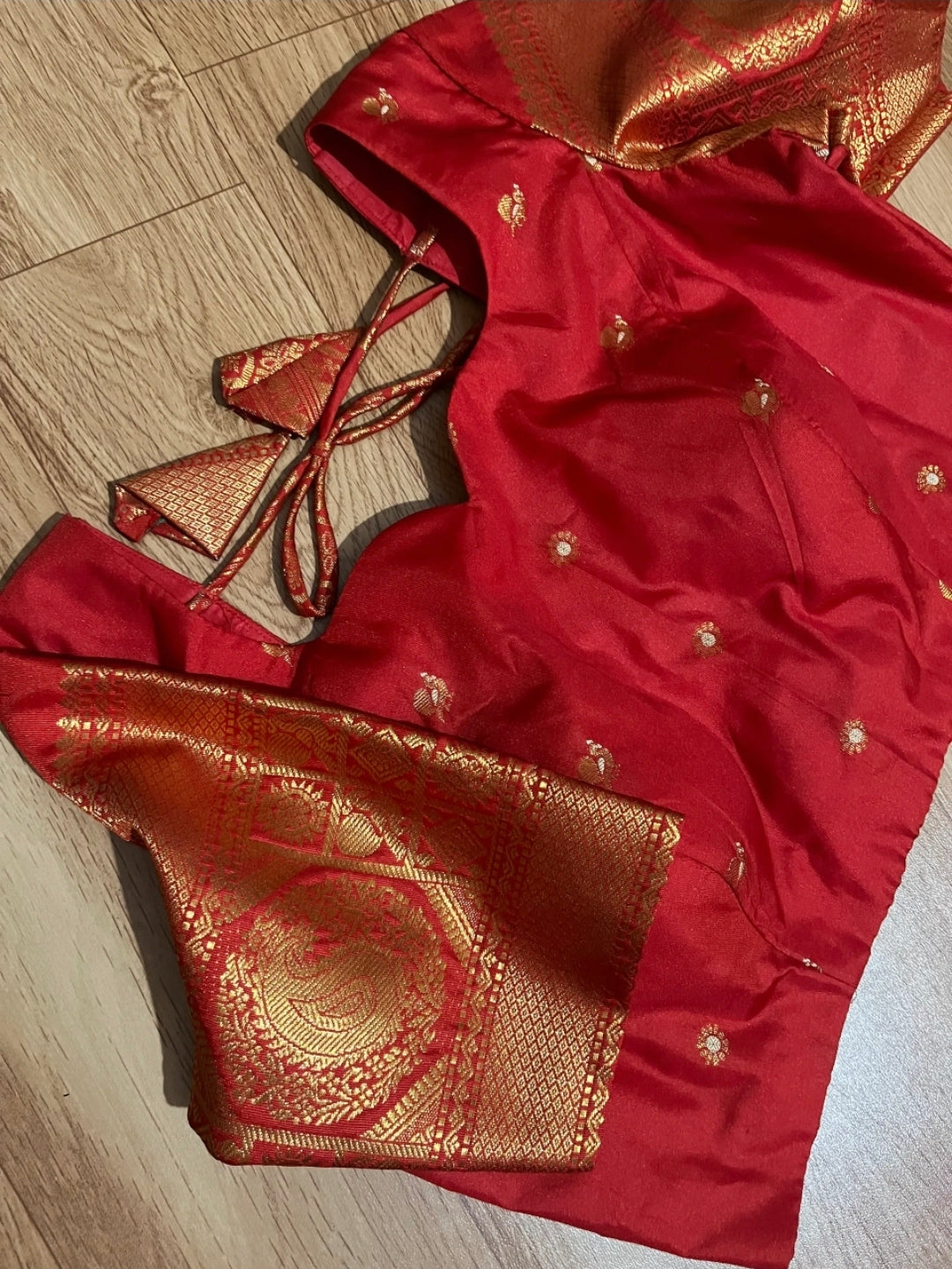 Gadwal Turquoise Blue & Red Half Saree with Stitched Blouse