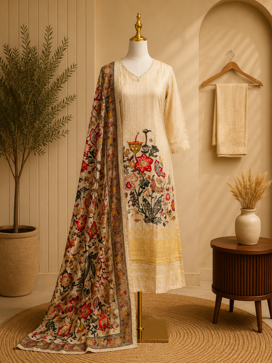 Ivory Dola Silk Floral Printed Suit Set with Kalamkari Dupatta ✨