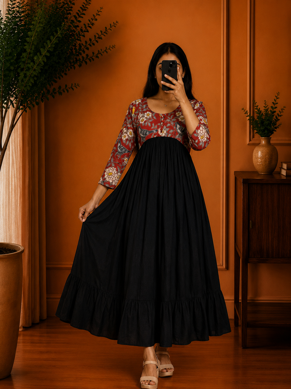 Black Cotton Anarkali Dress with Bird & Floral Printed Yoke