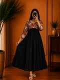 Black Cotton Anarkali Dress with Bird & Floral Printed Yoke