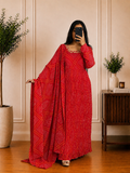 Red Bandhani Printed Georgette Frock with Embellished Neckline