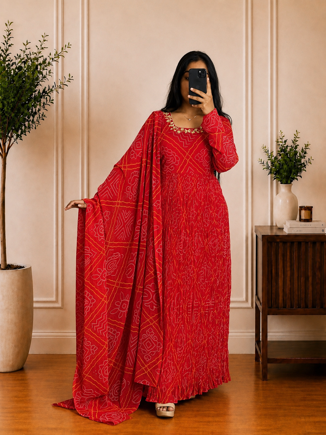 Red Bandhani Printed Georgette Frock with Embellished Neckline