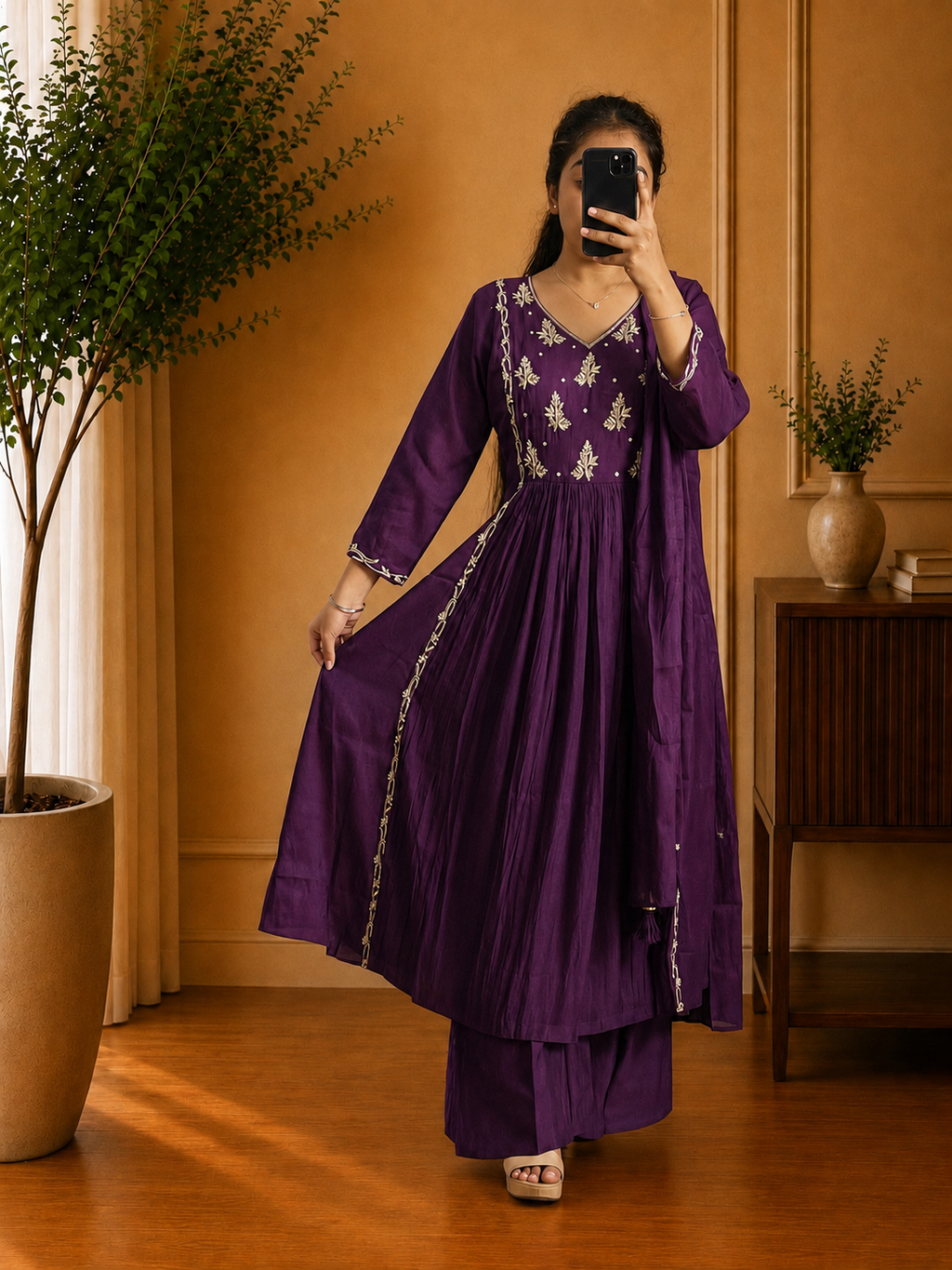 Royal Purple Antique Silver  Floral Embroidered Mul Chandheri Suit Set